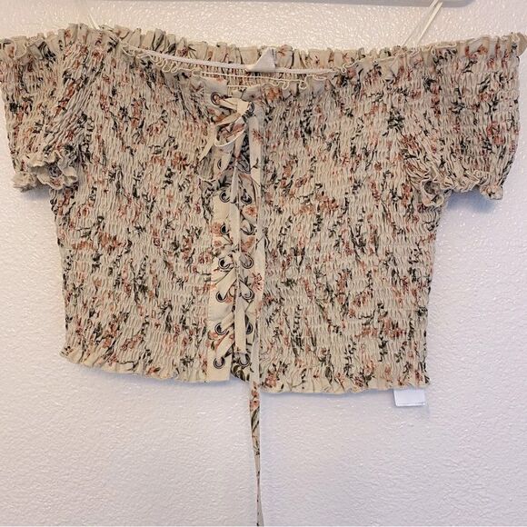 IJOAH Beige tan floral smocked off shoulder crop top tube top Lace up festival L - Picture 1 of 7